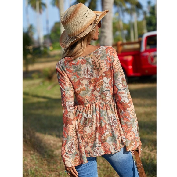 Sheer Mesh Bohemian Floral Flared V-Neck Shirt Long Bell Sleeve - Picture 10 of 15